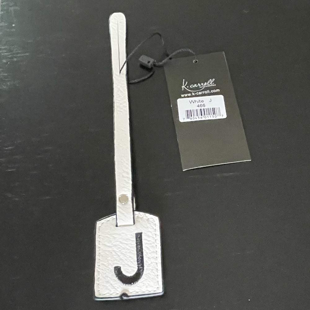 NWT “K•Carroll” Bag Tag,  Monogram Letter "J" White Bag Tag with "Black" Letter